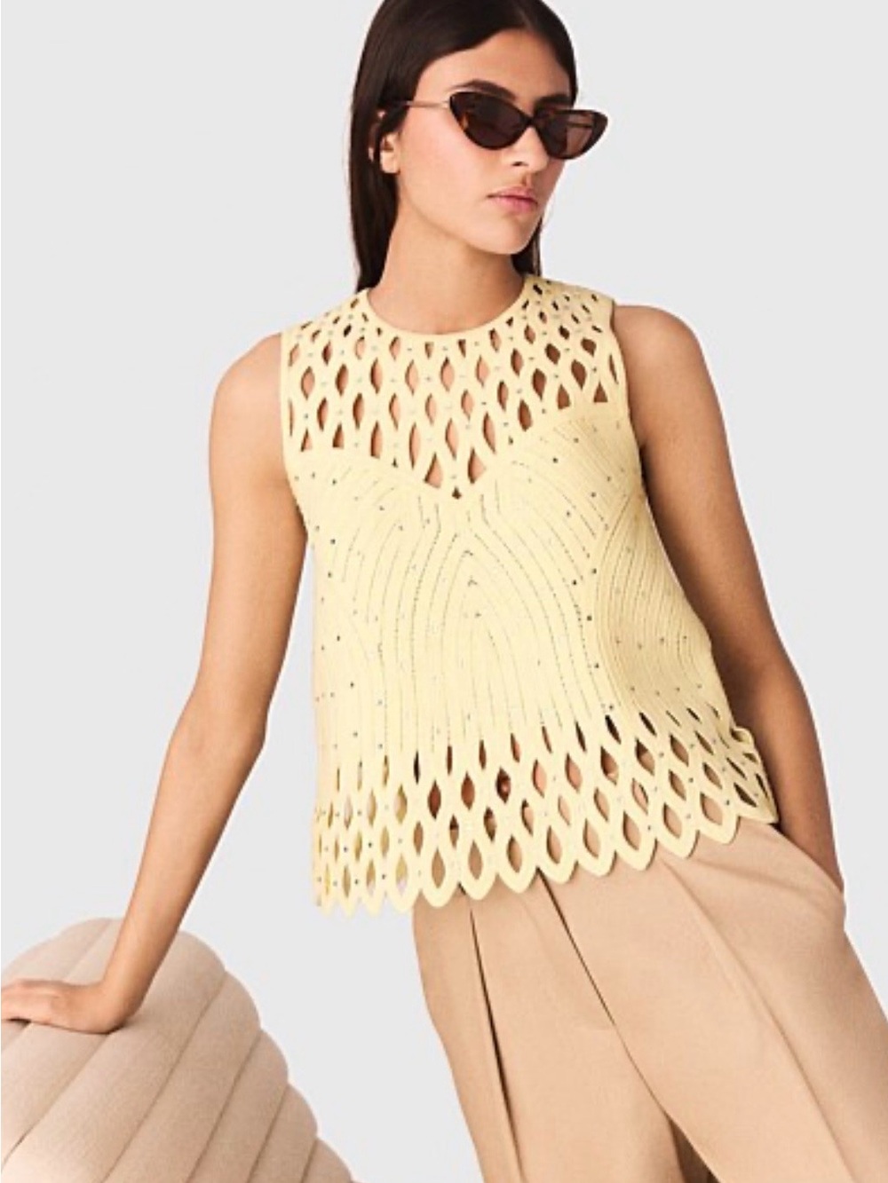 Maje lussel  Laser-Cut Knit Top in Pale Yellow